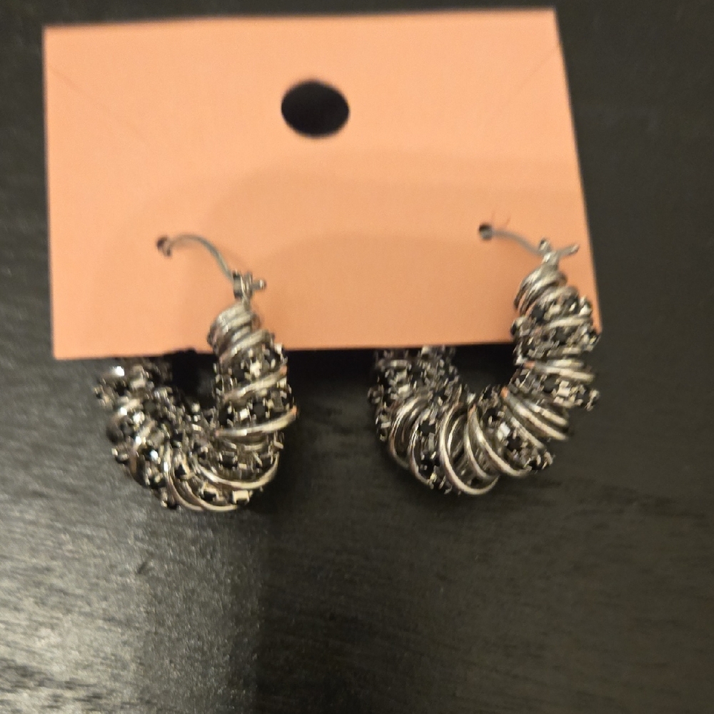 Chic Silver-Tone and Black Rhinestone Spiral Earrings